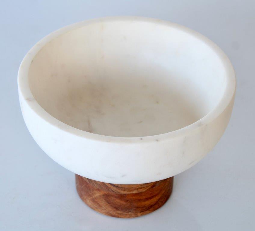 Large White Marble Bowl Wooden Base